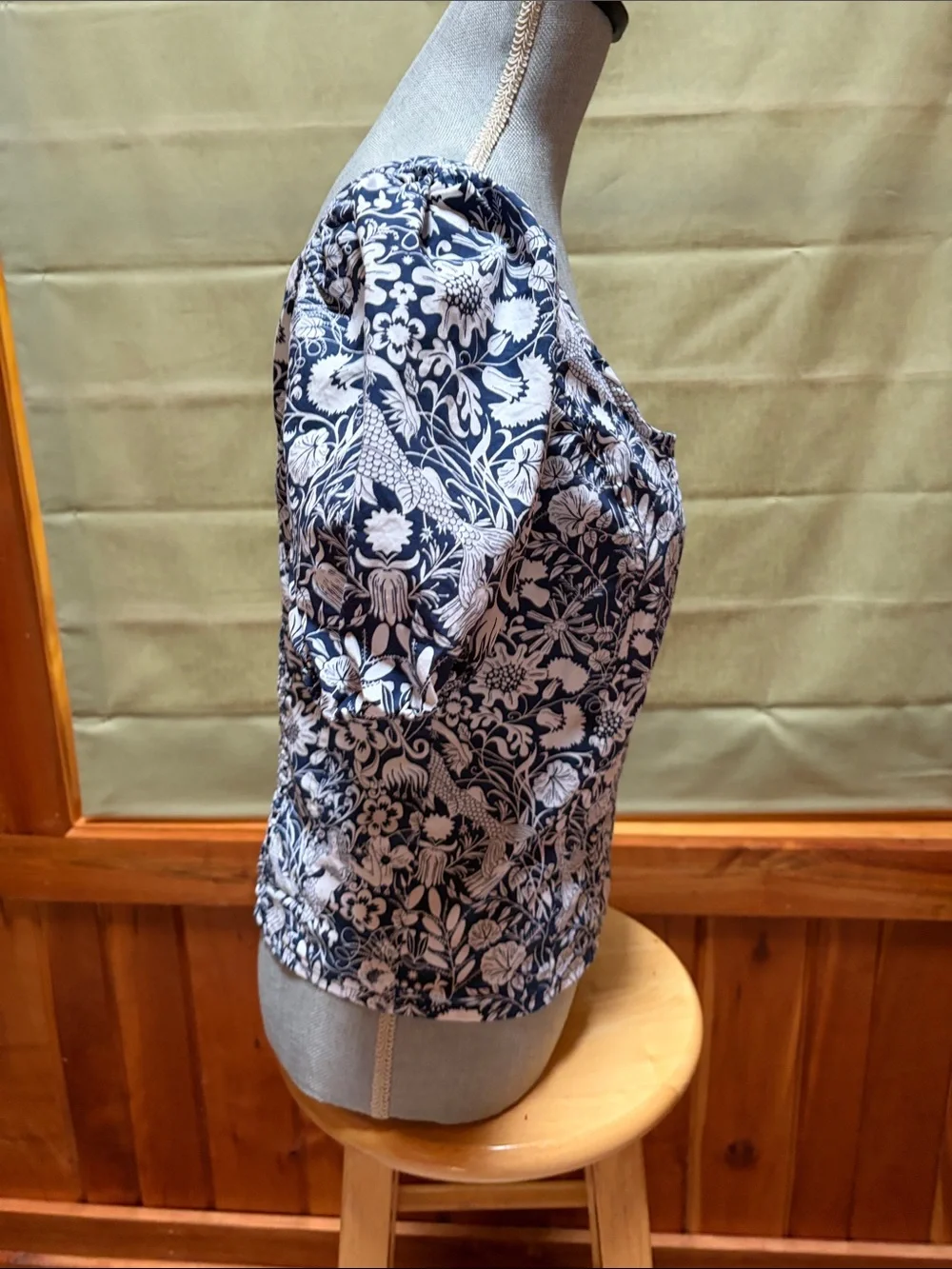 J. Crew Navy and White Floral Square-Neck Puff Sleeve Blouse